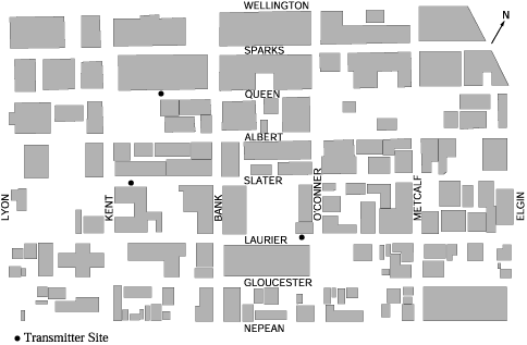 Figure 1: Map of Ottawa Showing Street Names and Transmitter Locations