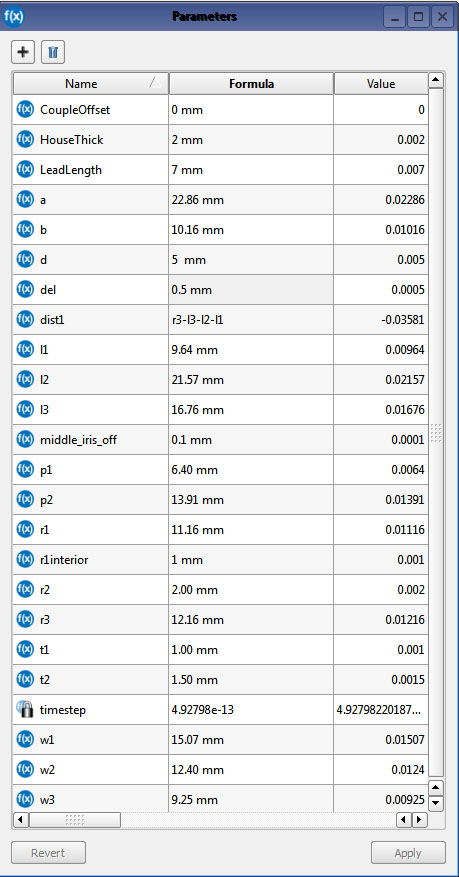 Figure 2XFdtd parameter list of all dimensions used in the cross-coupled filter geometry.