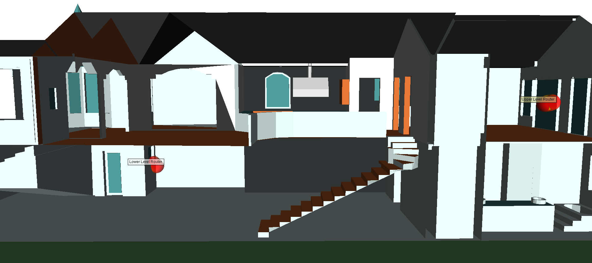  Figure 1:  Locations of the transmitting routers (red far-field patterns) within the house geometry.