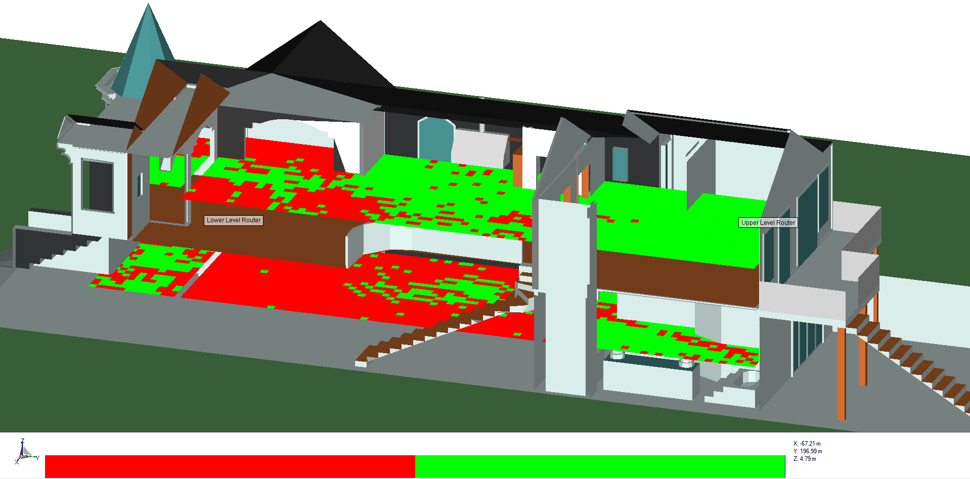 Figure 8:  Identification of the router that provides the highest power to the receiver location.  Red indicates the lower level transmitter and green indicates the upper level transmitter.