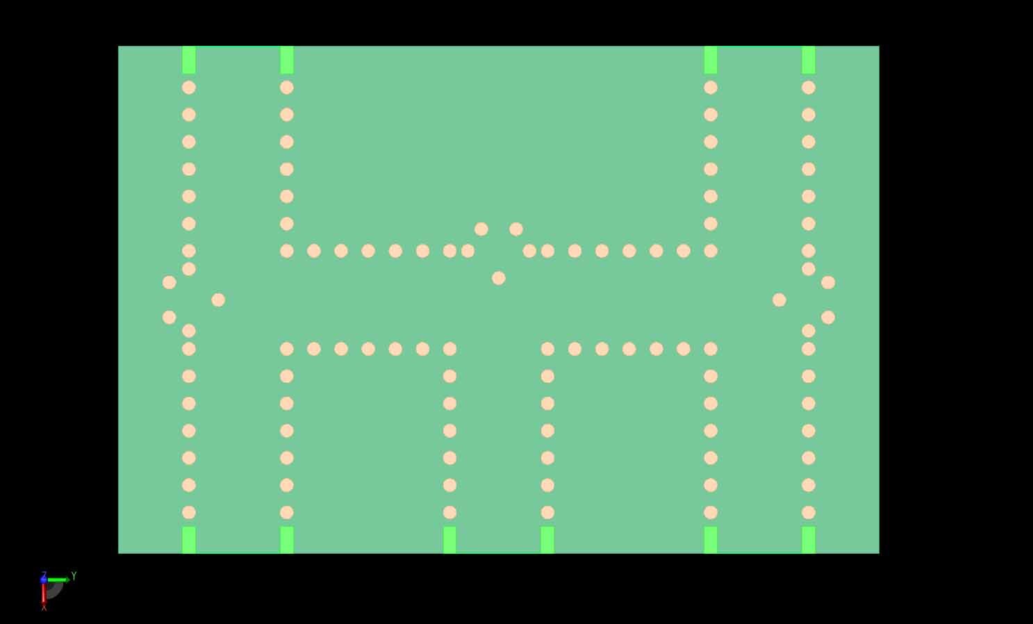 Figure 11:  The primary H-junction that distributes the input signal from the source to the four secondary H-junctions is shown with the input port at the center bottom and the four output ports in the corners.