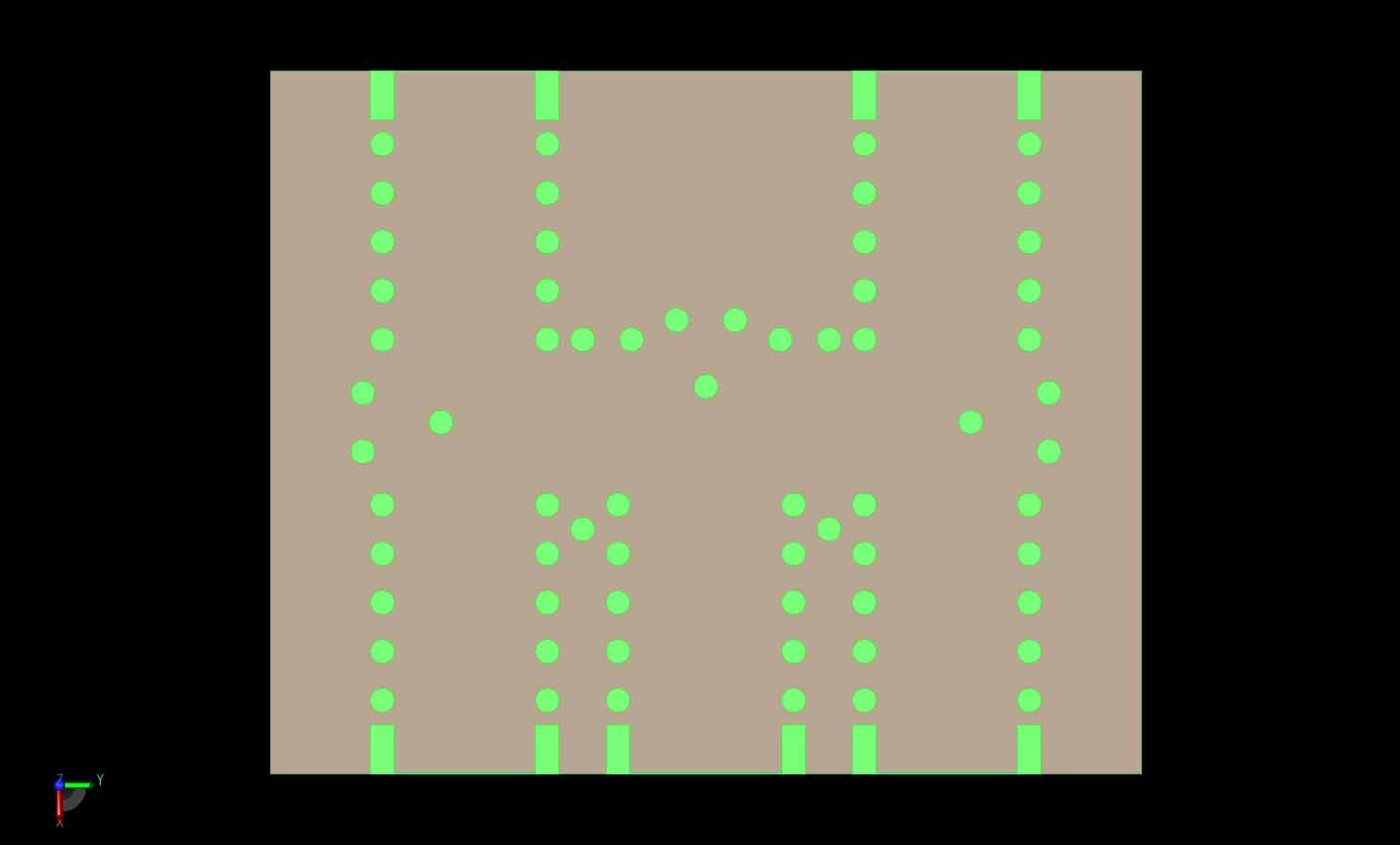 Figure 13:  The secondary H-junction divides the input signal from the primary H-junction and spreads it to the four antenna elements.  The input port is located in the center bottom of the junction while the output ports are in the four corners.