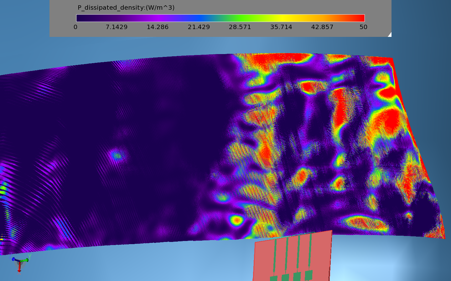 Figure 13: The dissipated power on the surface of the head phantom from the radiating array is computed by the software and displayed.