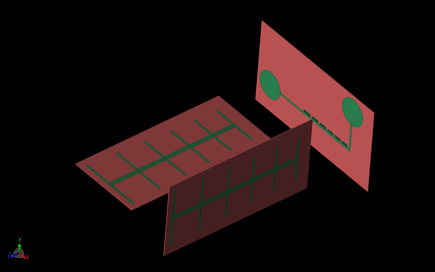 Figure 14: The full RFID system is shown with cross-polarized LPDA antennas for transmit and receive and the RFID tag with cross-polarized UWB disk antennas and the six spiral resonators. The tag is 5 cm away from the transmit/receive antennas.