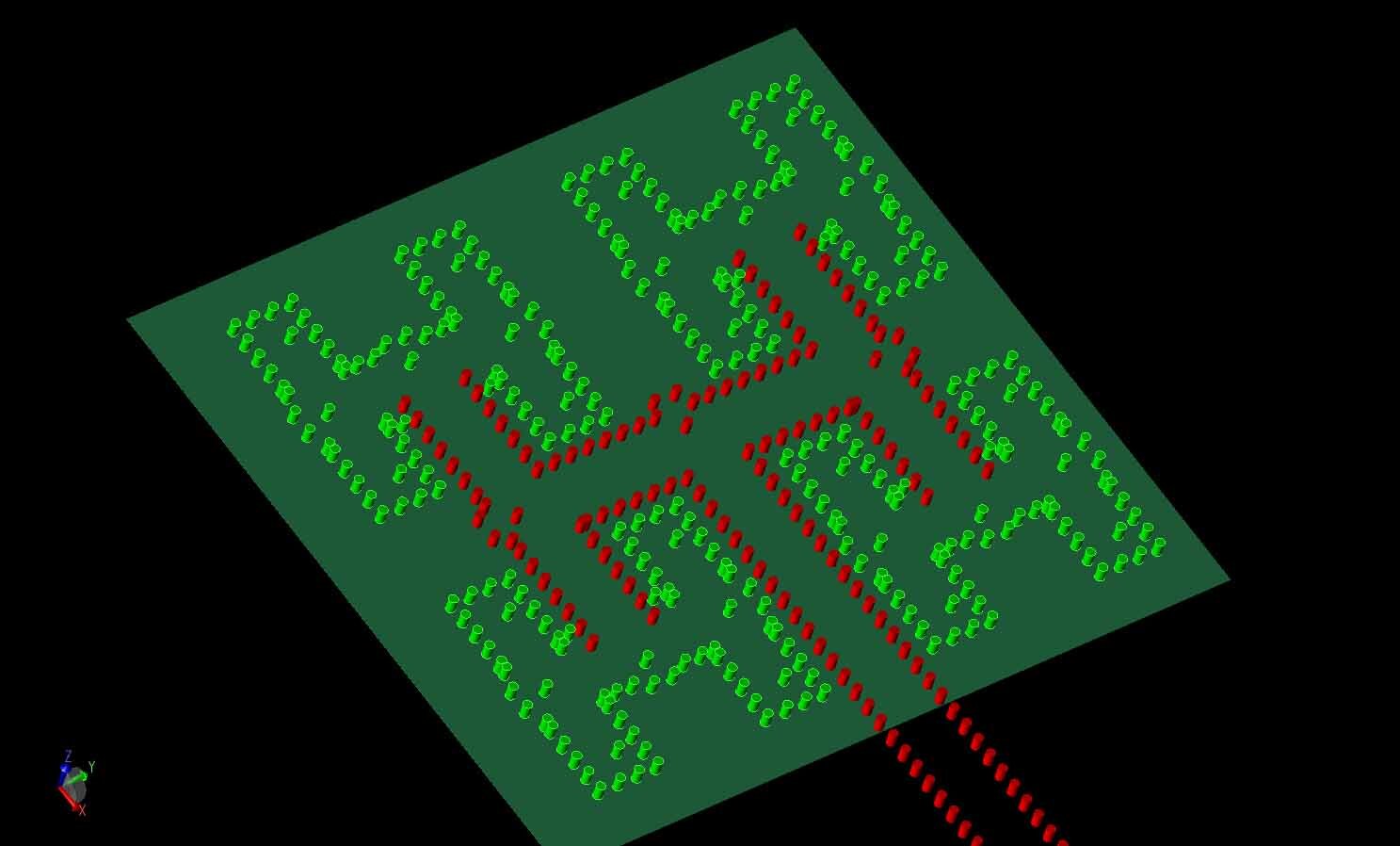 Figure 15:  The full power divider layer is shown with the input signal coming from the bottom and feeding the primary H-junction with the red vias.  The four secondary H-junctions are visible with the light green vias.  Each secondary H-junction will connect to four antenna elements.