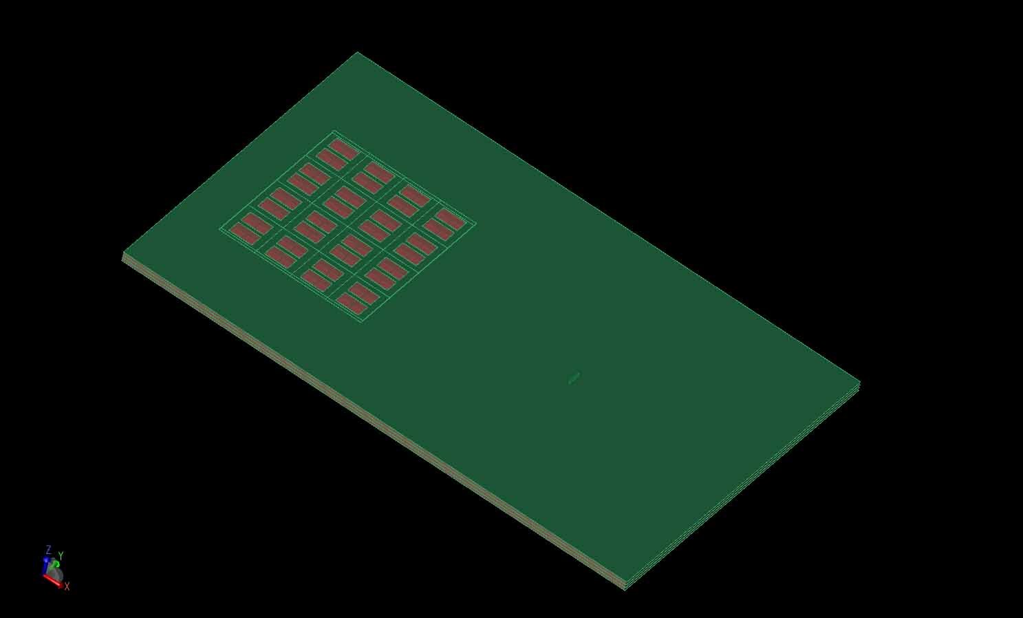 Figure 16:  The full antenna array structure is shown with the 8x8 elements visible at the top of a 25x10 mm layered sheet.
