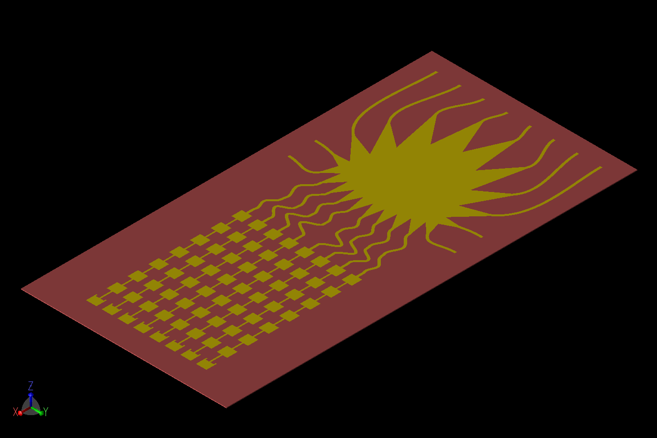 Figure 17: The resulting geometry of the array with the Rotman Lens beamforming stage are shown as a three-dimensional CAD file in XFdtd.