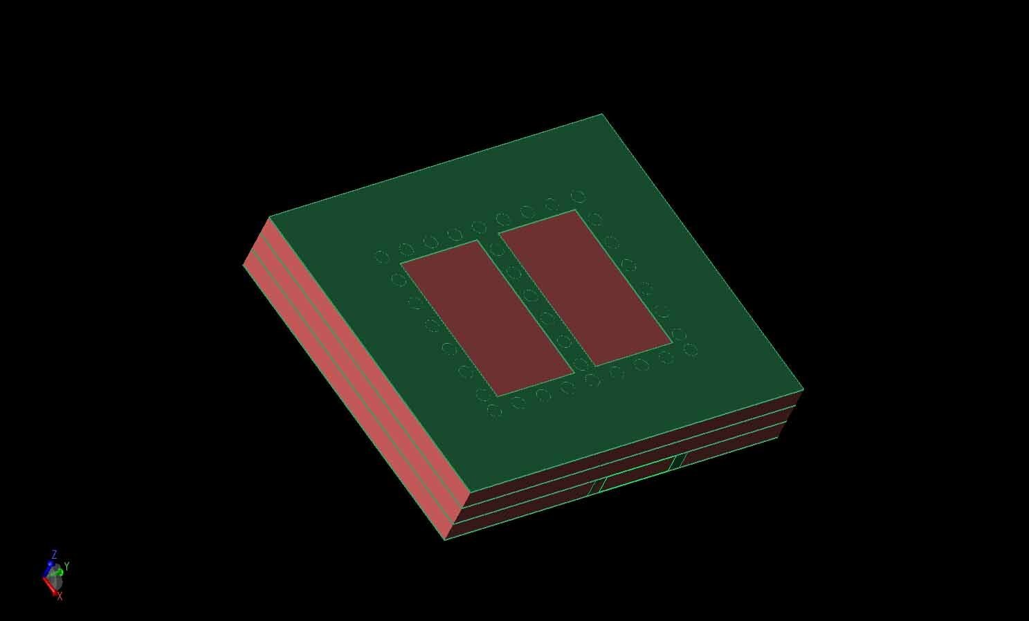 Figure 1:  A three-dimensional CAD rendering of the SIC excited 2x2 antenna element is shown with metal layers in green and LTCC layers in red.