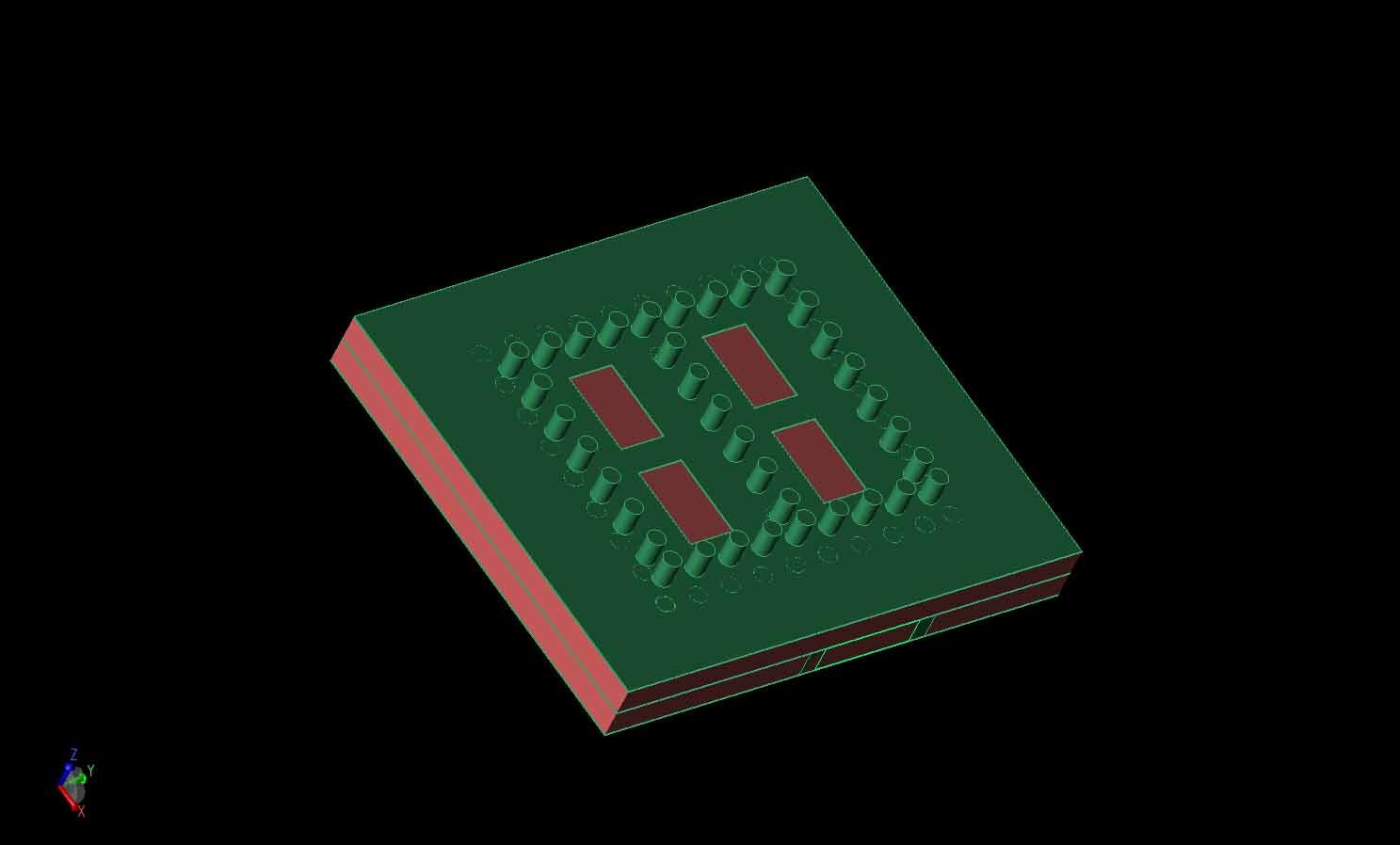 Figure 2:  The top layer cavity of the antenna element is shown with the four radiating elements in metal layer #2 feeding into the TE210 mode substrate integrated cavities.