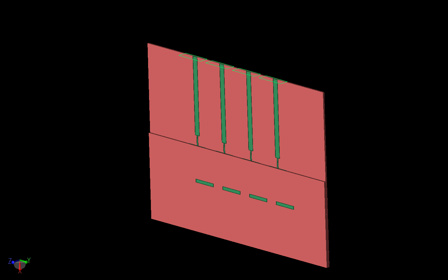 Figure 2: The antenna array is shown in three dimensions with the edge of the top substrate layer more visible over the patches. The four nodal waveguide feed ports are visible on the top of the array.
