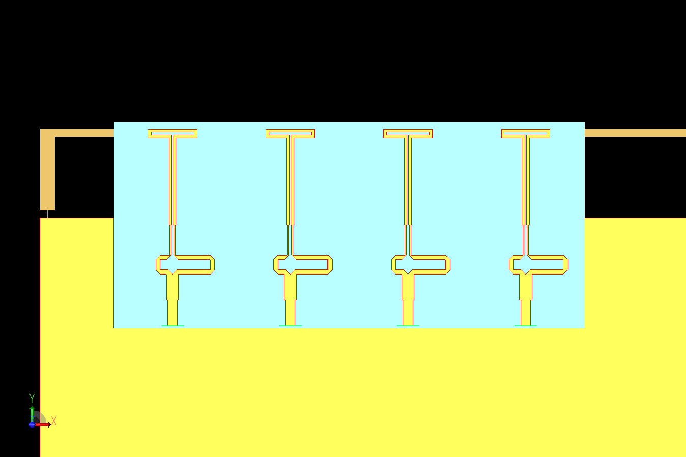 Figure 2: A CAD view of the 5G array showing the four Yagi-Uda elements on a dielectric substrate with the 4G inverted L antenna behind.