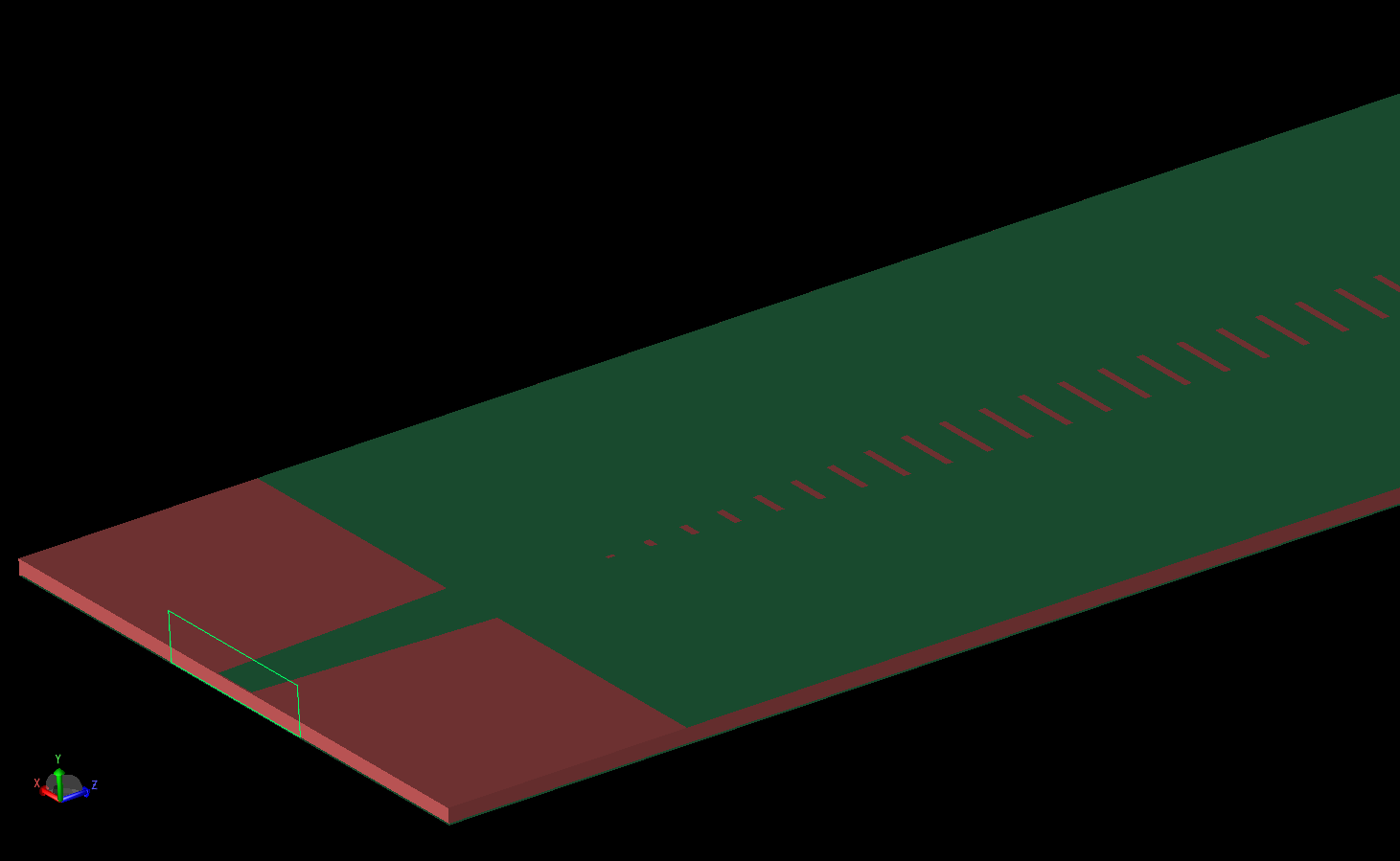 Figure 3: An angled view of the antenna from one port shows the nodal waveguide port attached to the tapered line, the thickness of the substrate layer, and a portion of the slotted top layer.