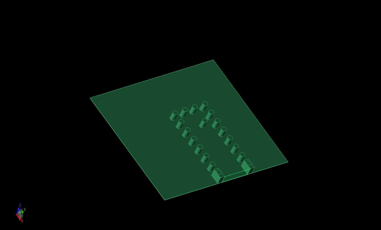 Figure 4:  The input is fed into the antenna through a feed layer above metal layer #4, which contains a SIW region and a matching post below the feed slot of metal layer #3 (not shown).