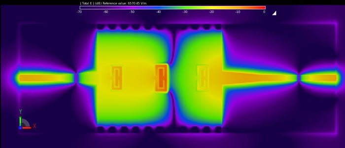 Figure 4Electric field magnitude inside filter at 8 GHz.