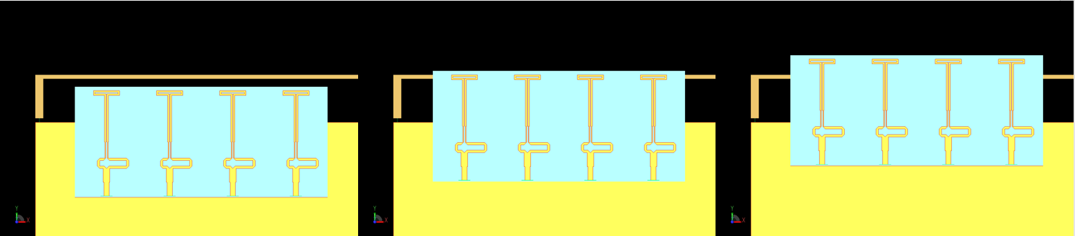 Figure 8: Three different configurations of the 5G array relative to the 4G antenna are considered (left to right): an offset of the top of the 5G antennas 2 mm below the 4G antenna, even alignment between the top of the 5G antennas and the 4G anten…