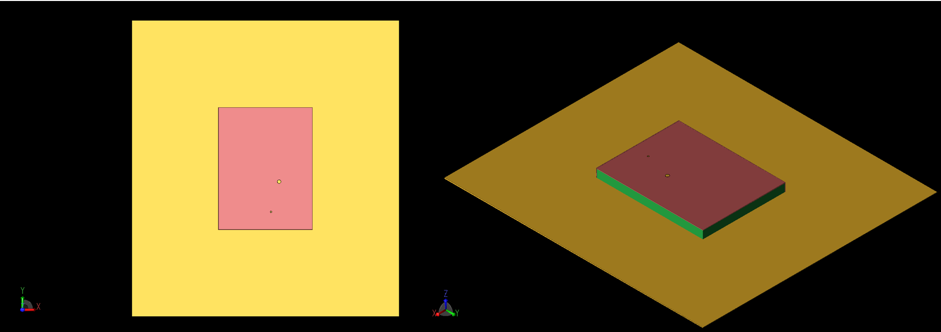 Figure 1: Top (left, 1a) and angled (right, 1b) views of the patch antenna geometry are shown. The coaxial feed and via are visible as large and small circles on the top of the patch. The -X and -Y sides of the patch are shorted to the ground plane.