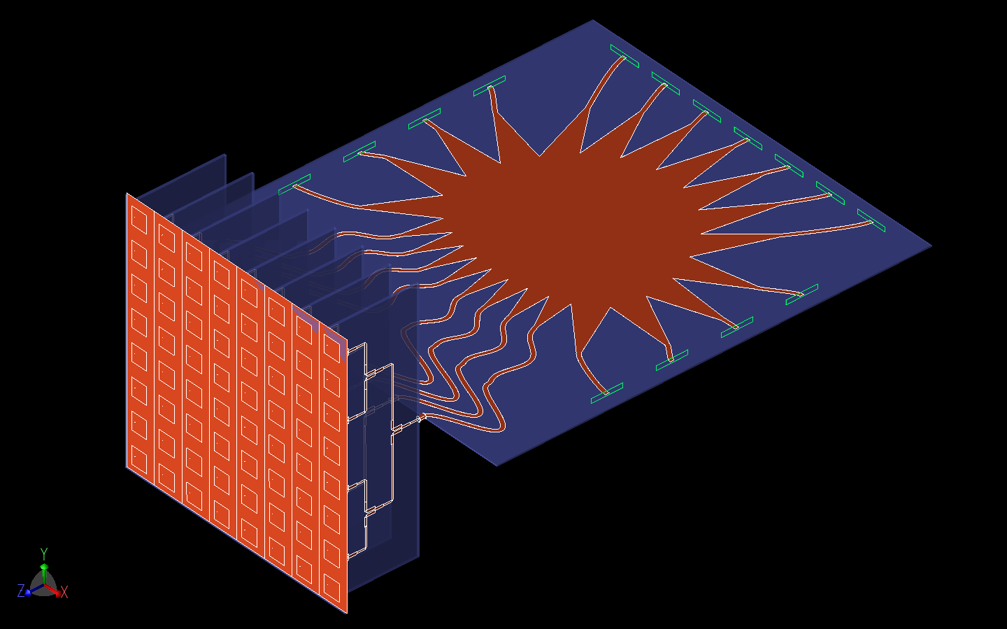 Figure 14: Here the complete system of the Rotman lens input, Wilkinson power divider stage, and 8x8 patch antenna array are shown as a three-dimensional CAD model.