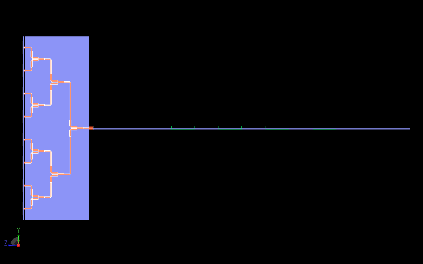 Figure 15: This is a side view of the entire system where the three stage Wilkinson power divider is more clearly visible.