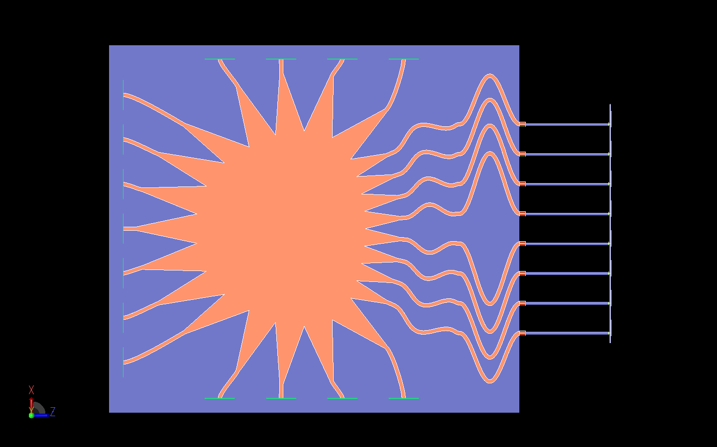 Figure 16: This is a top view of the entire system where the Rotman lens and array transmission lines are more clearly visible.