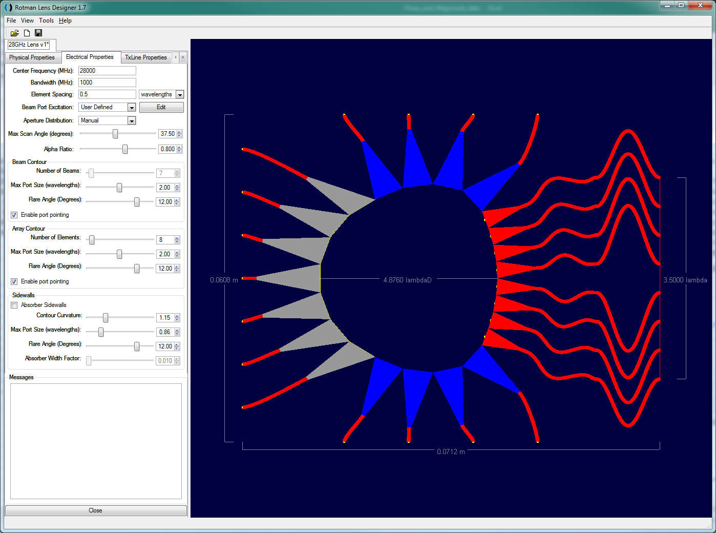 Figure 1: The initial Rotman lens design is shown in the RLD software. The seven beam ports are at the left and the eight array ports are at the right.