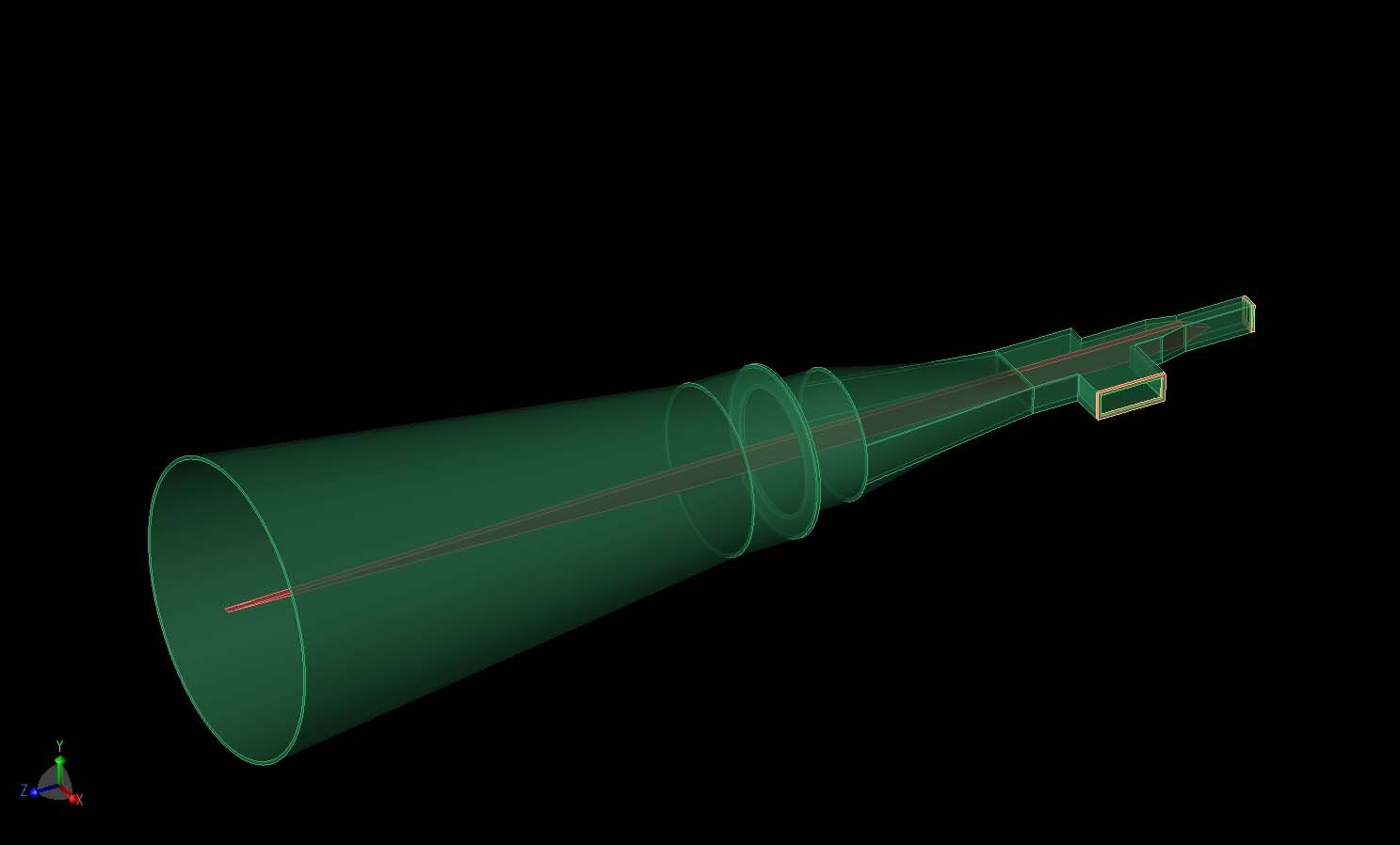 Figure 1:  A three-dimensional CAD view of the antenna shows the two input ports to the right and the tapered quartz strip running down the center of the horn structure.