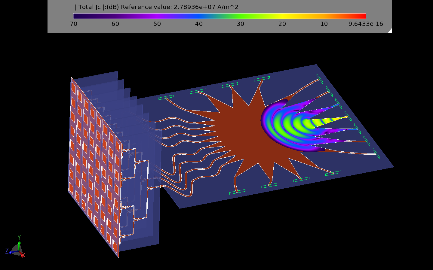 Figure 25: This figure shows the propagation of conduction currents from beam port 4 into the Rotman lens.