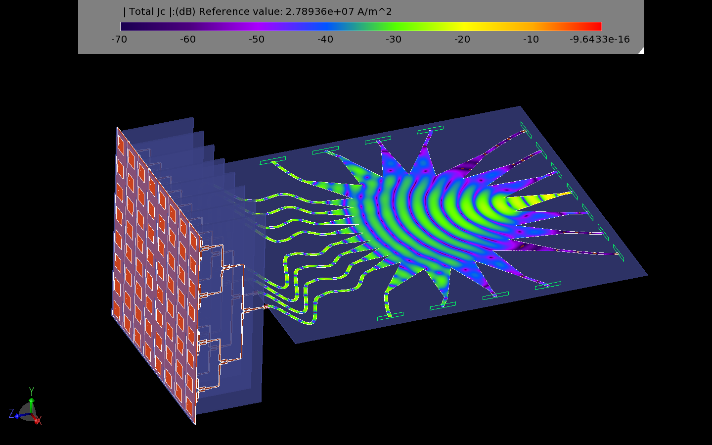 Figure 27: The propagation of the conduction currents has reached the ends of the array transmission lines and is entering the Wilkinson power divider elements. All currents appear to be in phase as they are arriving at the same location at the same…