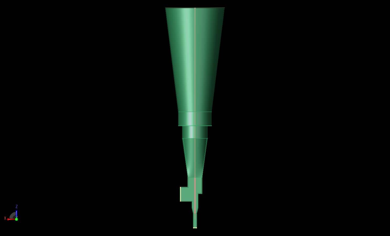 Figure 2:  A top view of the antenna shows the orientation of the two input ports and the overall shape of the transition regions and horn.