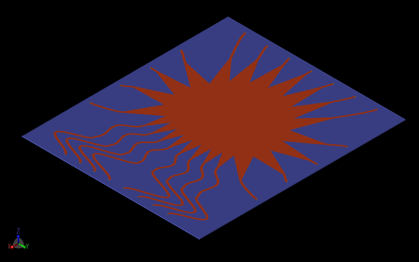 Figure 3: The Rotman lens design is shown in XFdtd following importation of a CAD file that was generated by the RLD software program. The lens is done in microstrip on a 0.254 mm substrate with permittivity of 2.94.