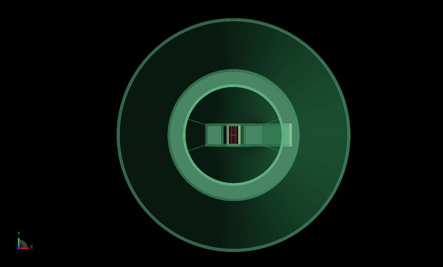 Figure 3:&nbsp; A view down the horn opening shows the tapered dielectric strip partially filling the center of the high frequency waveguide.