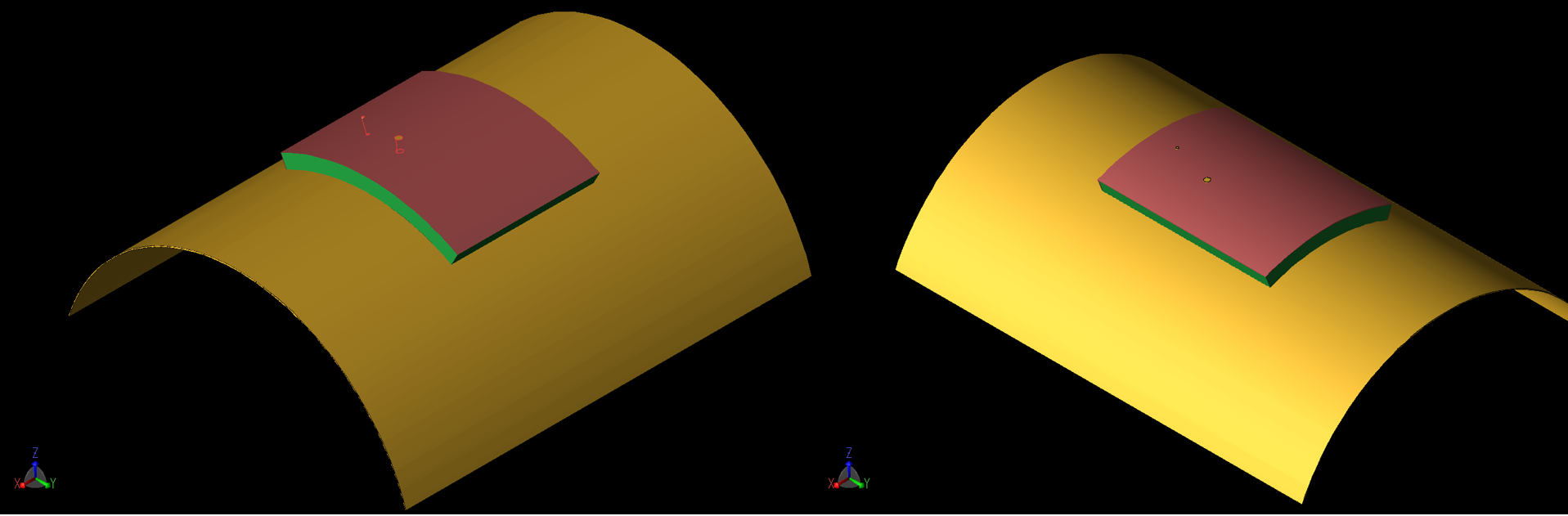 Figure 7: The patch is shown in a curved configuration where the curve radius is 40 mm. At the left (7a) the curvature is around the X axis while at the right (7b) it is around the Y axis. Similar geometries were simulated for a curvature of 80 mm r…