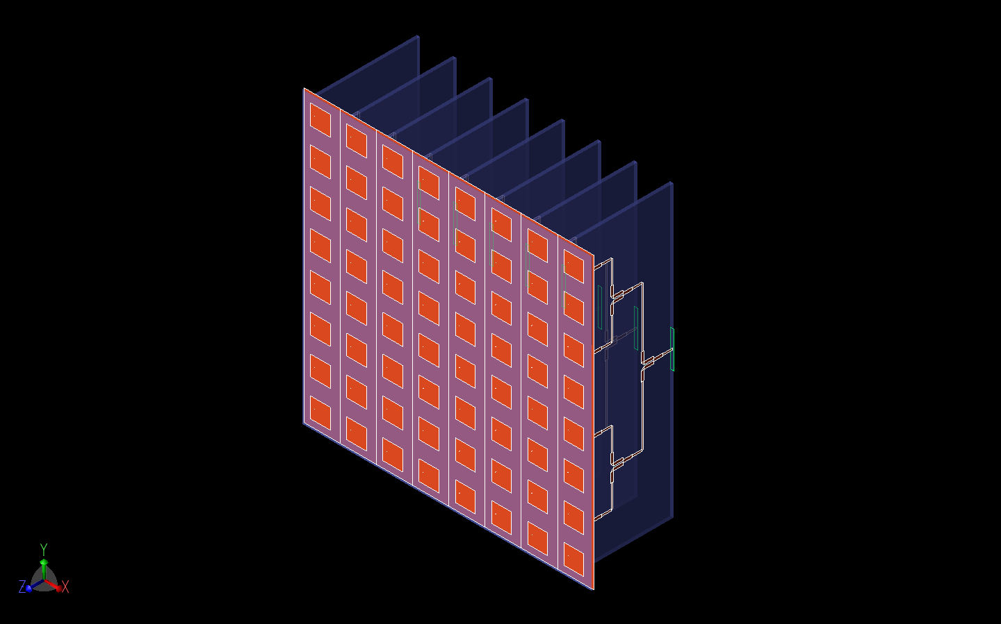 Figure 8: Shown in the figure is the three-dimensional CAD representation of the 8x8 patch antenna array and the eight Wilkinson power dividers that attach to the antennas. Here the Rotman lens has been replaced by eight input waveguide ports on the…