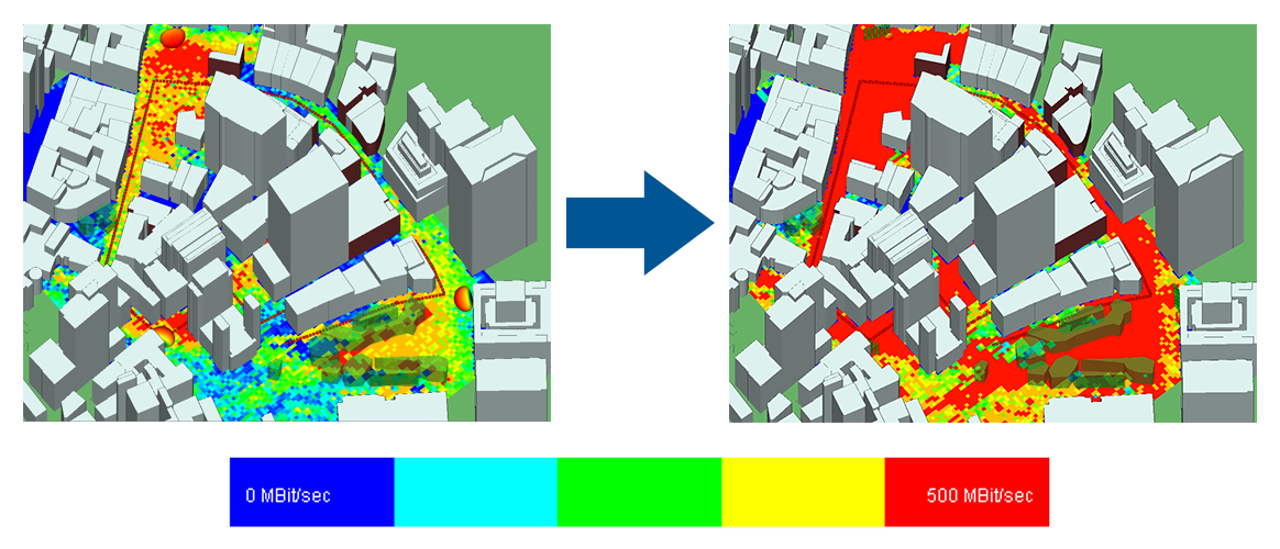 Side-by-side comparison showing throughput in downtown area using single antennas (left) vs. MIMO beamforming (right).