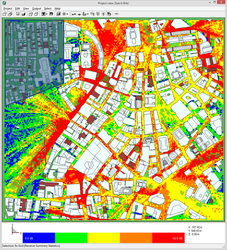 Comparison of Downlink Coverage (SINR) for Sub-6 GHz (left) vs. 28 GHz (right)