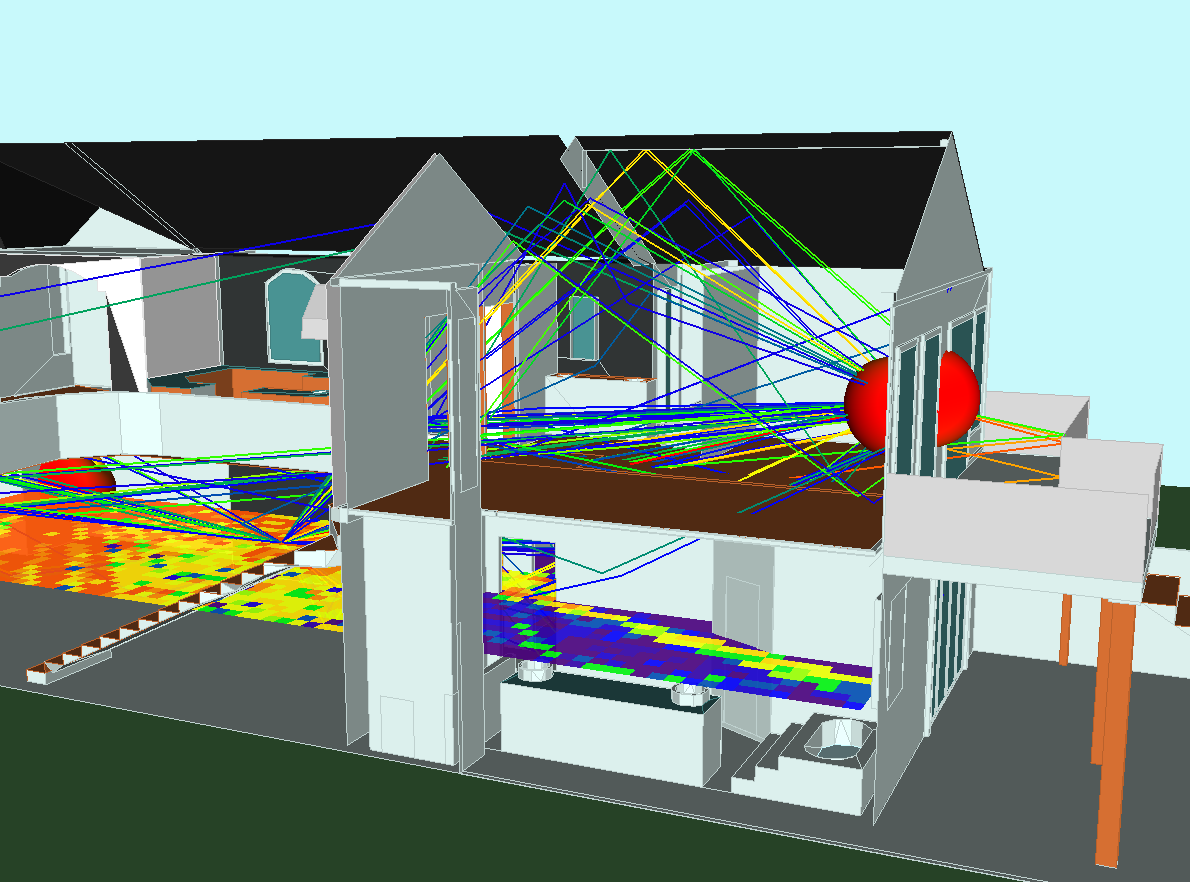 Wireless InSite simulation of WLAN in a house showing propagation paths and throughput.