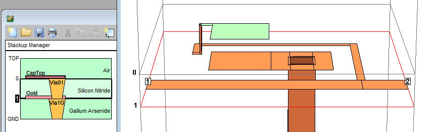 Figure 1: Sonnet layout example including vias on right with cross section of stack up on the left