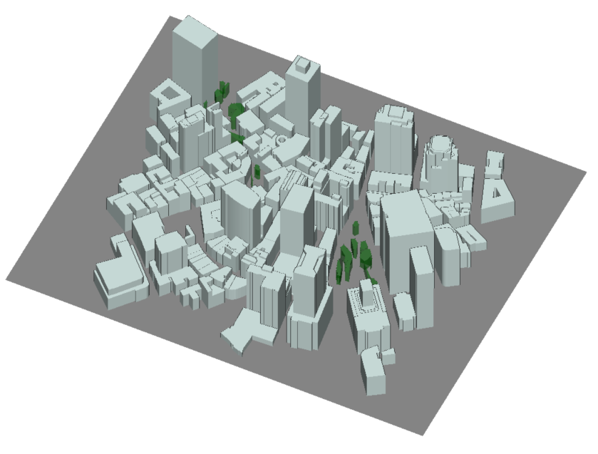 Figure 1: Isometric and overhead view of project geometry in Wireless InSite.