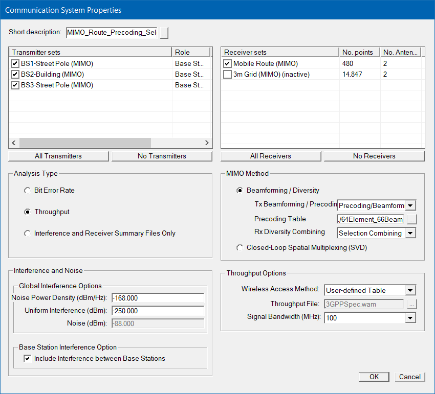 Figure 2: Communication system properties window for calculating throughput for a MIMO system.