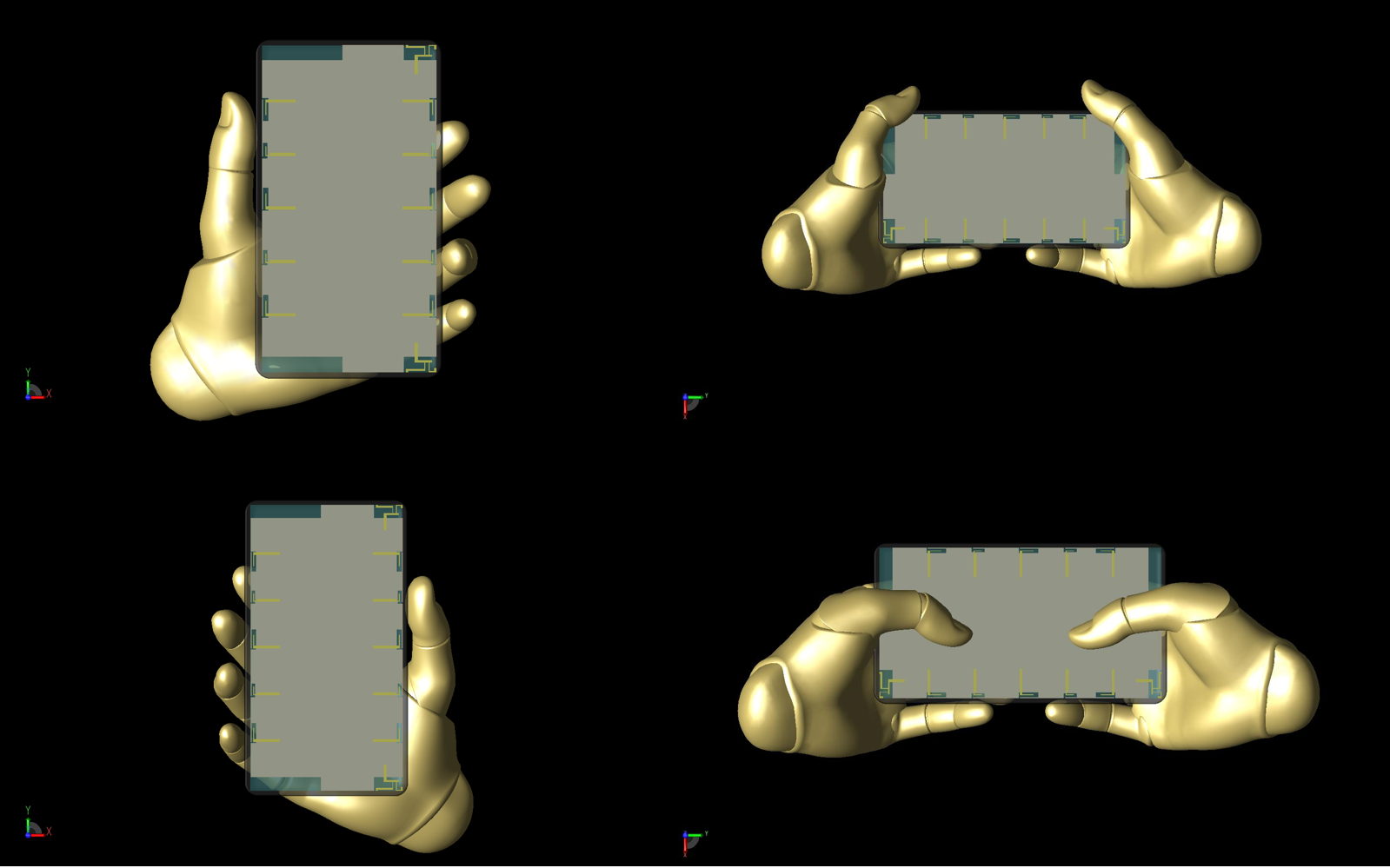 Figure 15: Shown are the four positions of the Poseable Hand model used in the study, which were positioned using controls within XFdtd. Clockwise from top left: left hand hold, two hands at sides, two hands typing, and right hand hold.