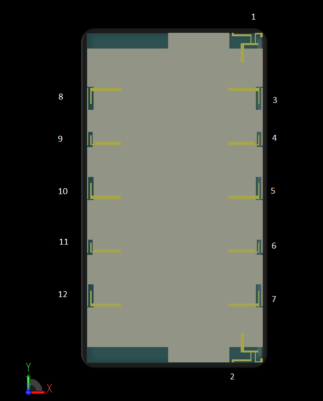 Figure 1: A CAD view of the device in the XFdtd software interface is shown where the screen and all antennas lie in the XY plane. The antenna elements are numbered 1 through 12 around the edge of the device.