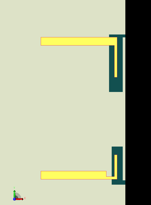 Figure 3: At the top of this view of the XFdtd interface is one of the longer arm open slot (LA) antennas for 3.6 GHz operation on the edge of the device. At the bottom is a shorter arm open slot (SA) antenna for 5.5 GHz use.