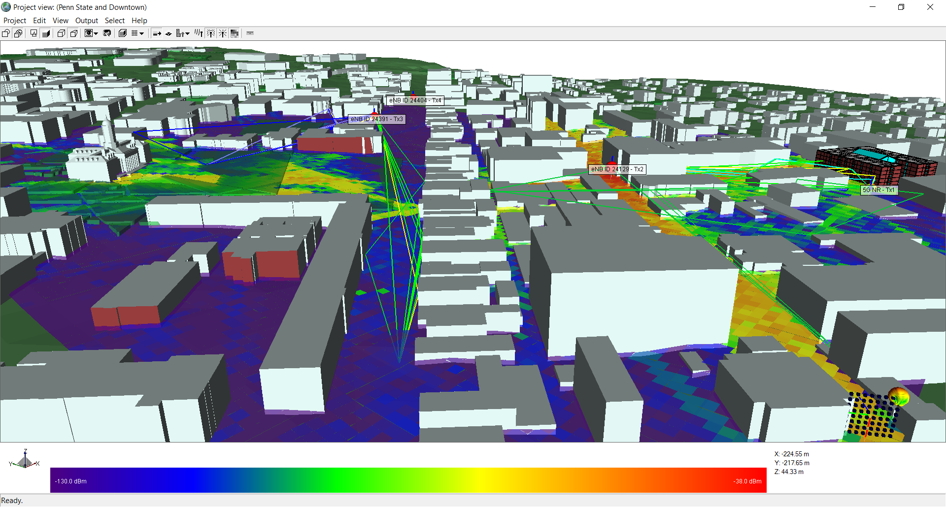 A 5G mmWave coverage concept using existing AT&T towers in State College. The lines represent radio-frequency ray paths predicted using Remcom's Wireless InSite propagation simulation.