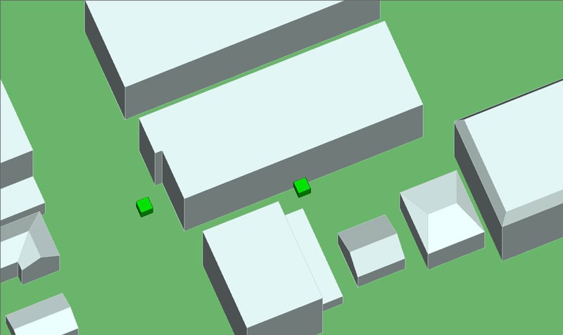 Figure 2: Transmitter locations around a building within Wireless InSite.