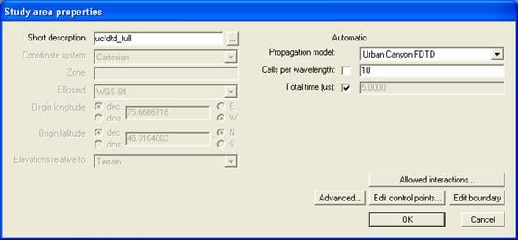 Figure 3. Study area properties window for the UCFDTD run.