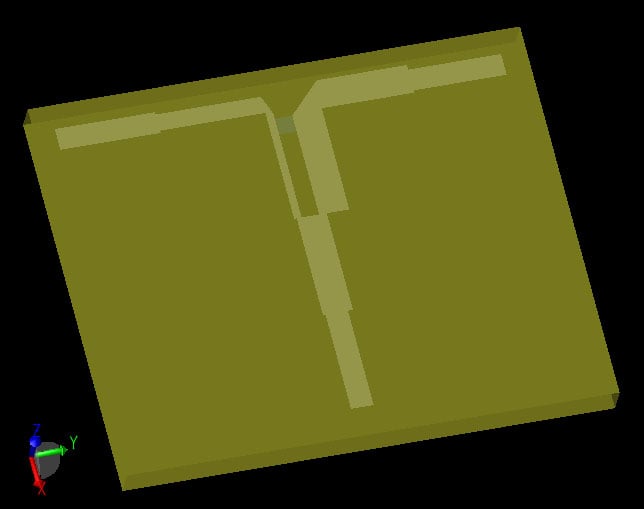 Figure 1Wilkinson divider including substrate, stripline, isolation resistor, and waveguides interfaces.