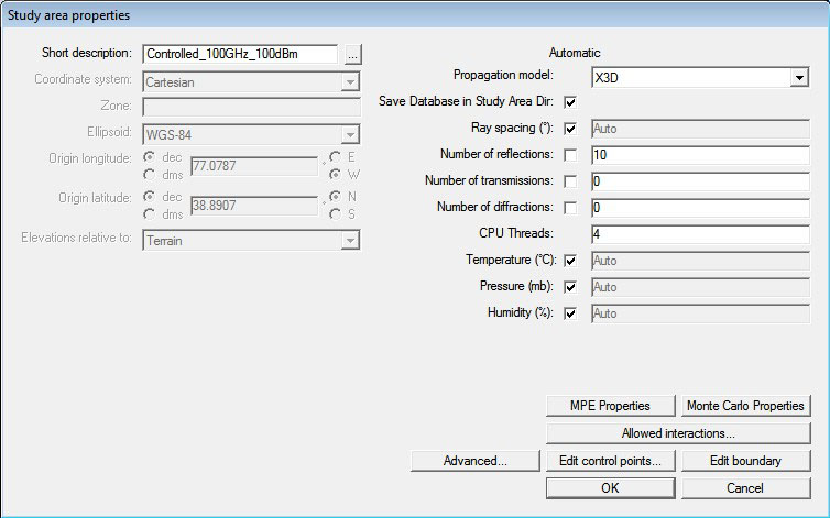 Figure 4X3D study area property window for MPE scenario.