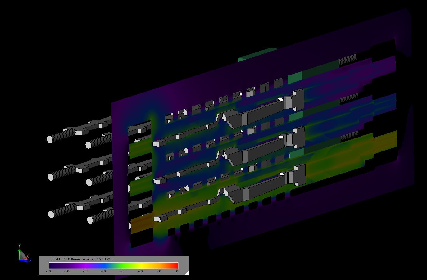 Figure 8Transient electric field in a cross-sectional cut of the connector after the field has reached all ports in the device.