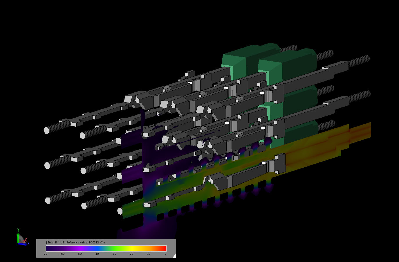 Figure 7Transient electric field in a cross-sectional cut of the connector as the field is spreading beyond the output port to the adjacent ports.