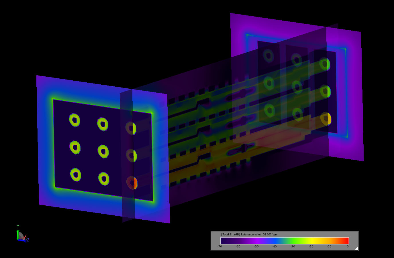 Figure 12Steady state electric fields in three planes of the connector: through the cross section of the excited pin, through the plane of the output port, through the plane of the input port.