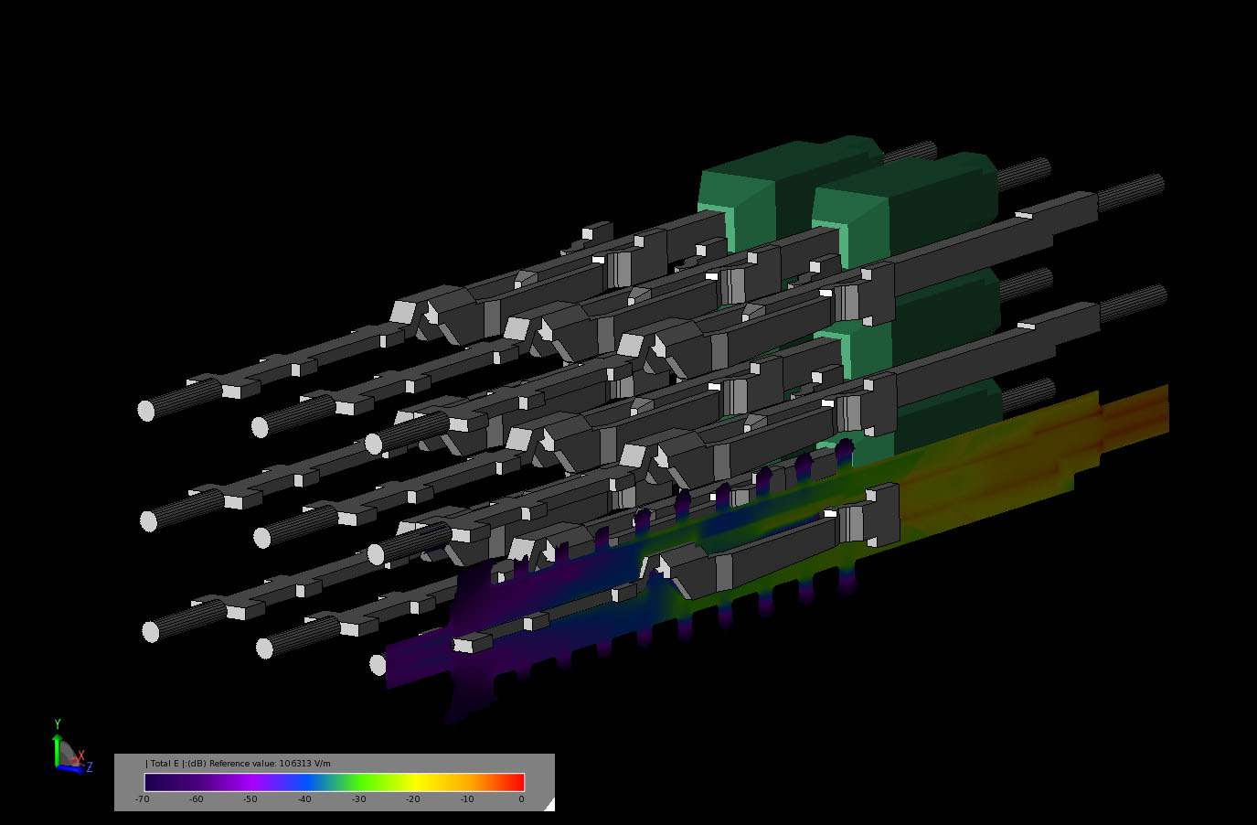 Figure 6Transient electric field in a cross-sectional cut of the connector as the field is just reaching the output port.